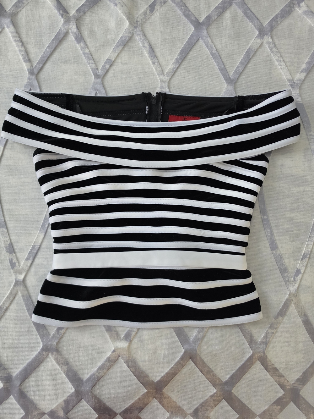 JS Collections Black and White Striped Off-Shoulder Crop Top, Size 4